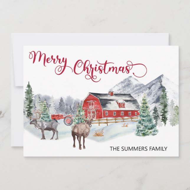 Cartes Pour Fêtes Annuelles Aquarelle de Noël Hiver Grange Rennes de bois (Devant)