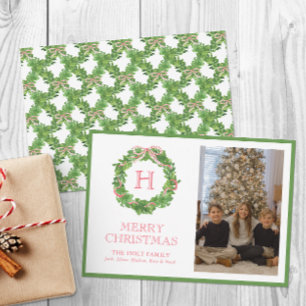 Cartes Pour Fêtes Annuelles Aquarelle de Noël Monogramme Bow Wreath Photo