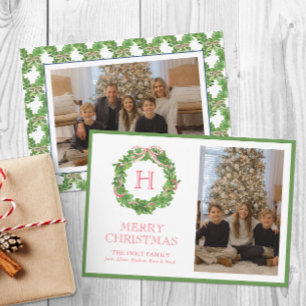 Cartes Pour Fêtes Annuelles Aquarelle de Noël Monogramme Bow Wreath Photo