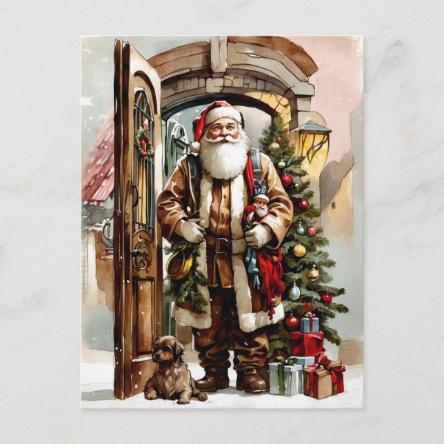 Cartes Pour Fêtes Annuelles Aquarelle de Noël Père Noël avec chien (Devant)