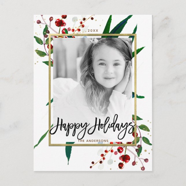 Cartes Pour Fêtes Annuelles Aquarelle de Noël Photo florale moderne (Devant)