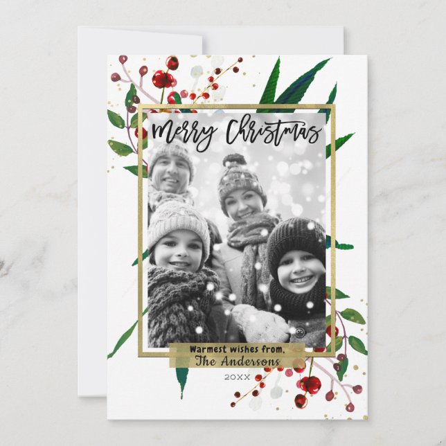 Cartes Pour Fêtes Annuelles Aquarelle de Noël Photo florale moderne (Devant)