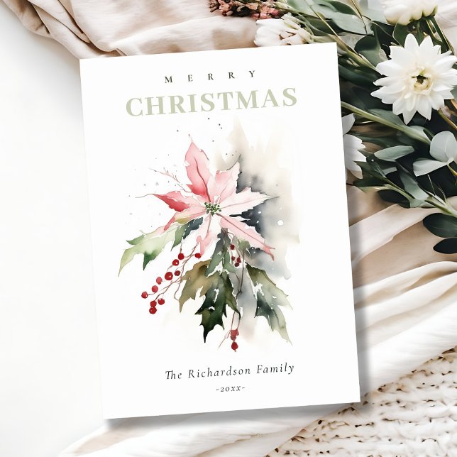 Cartes Pour Fêtes Annuelles Aquarelle de Noël Poinsettia Berries Folithe (Créateur téléchargé)