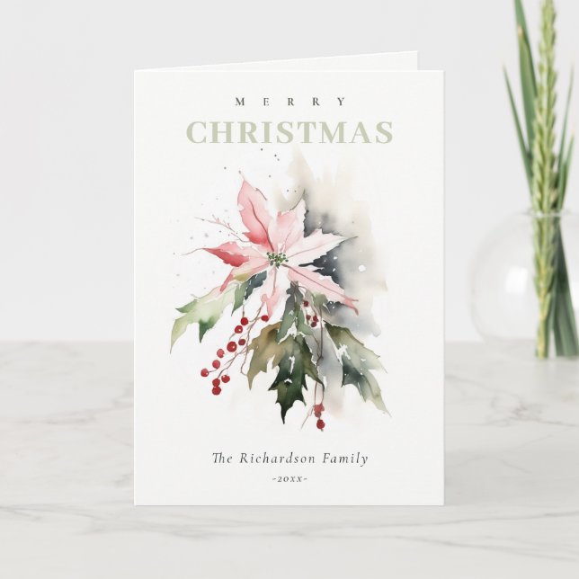 Cartes Pour Fêtes Annuelles Aquarelle de Noël Poinsettia Berries Folithe (Devant)
