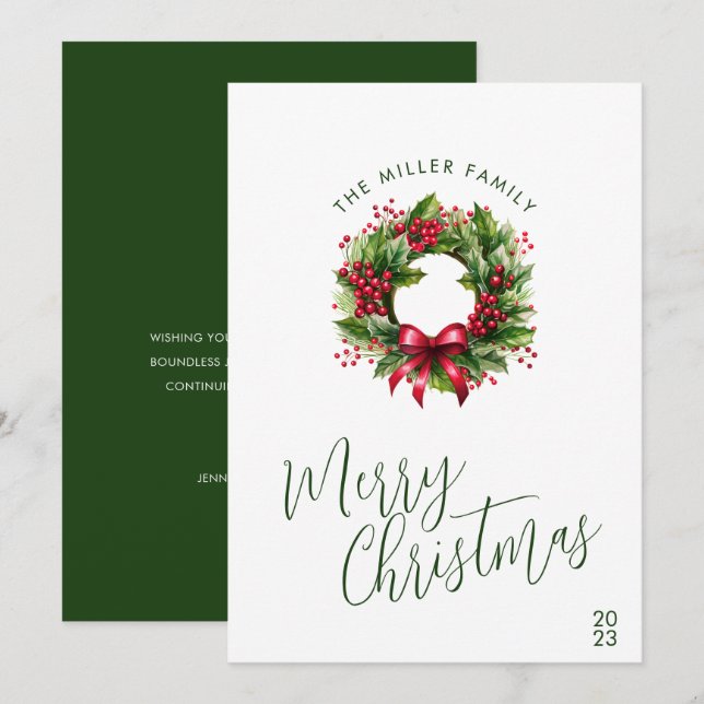 Cartes Pour Fêtes Annuelles Aquarelle de Noël rouge et verte couronne (Devant / Derrière)