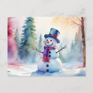 Cartes Pour Fêtes Annuelles Aquarelle de Noël Snowman et forêt d'hiver