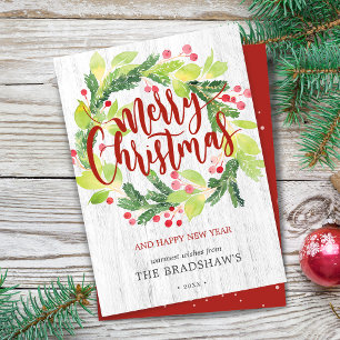 Cartes Pour Fêtes Annuelles Aquarelle de Noël Verdure d'hiver Berry Wreath