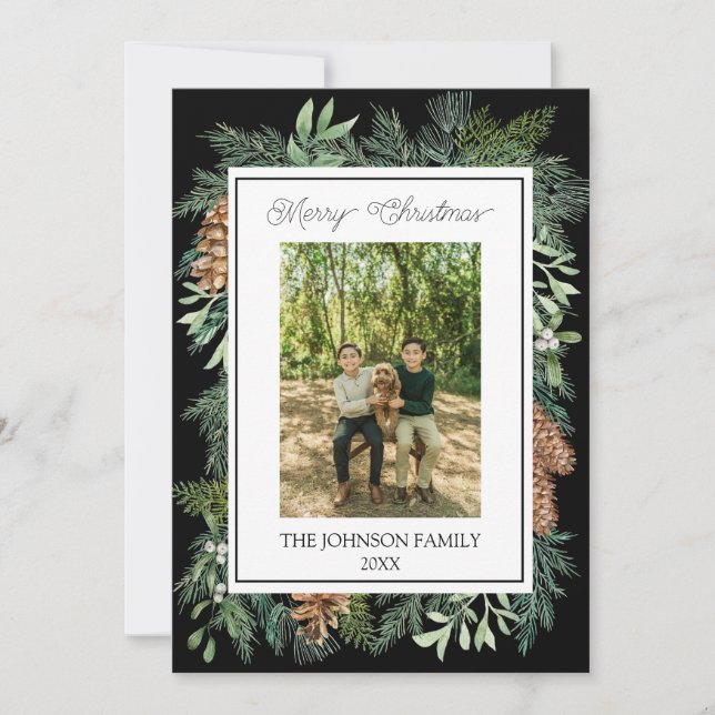 Cartes Pour Fêtes Annuelles Aquarelle de Noël Vert Botanique Noir (Devant)