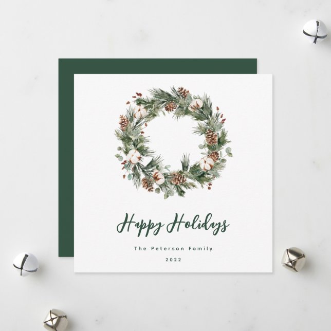 Cartes Pour Fêtes Annuelles Aquarelle de pin rustique Coton vert couronne (Devant/Arrière en situation)