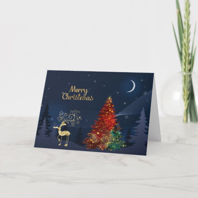 Cartes Pour Fêtes Annuelles Aquarelle de sapin vert rouge cerf de Noël (Devant)