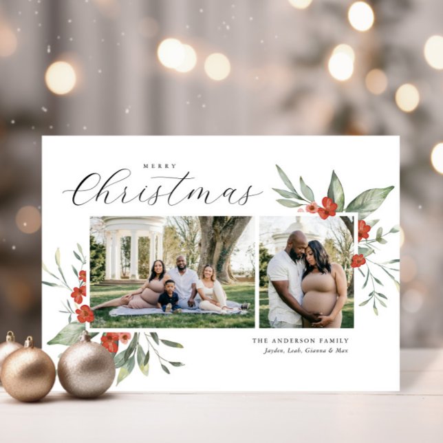 Cartes Pour Fêtes Annuelles Aquarelle délicate Floral Joyeux Noël Photo (Créateur téléchargé)
