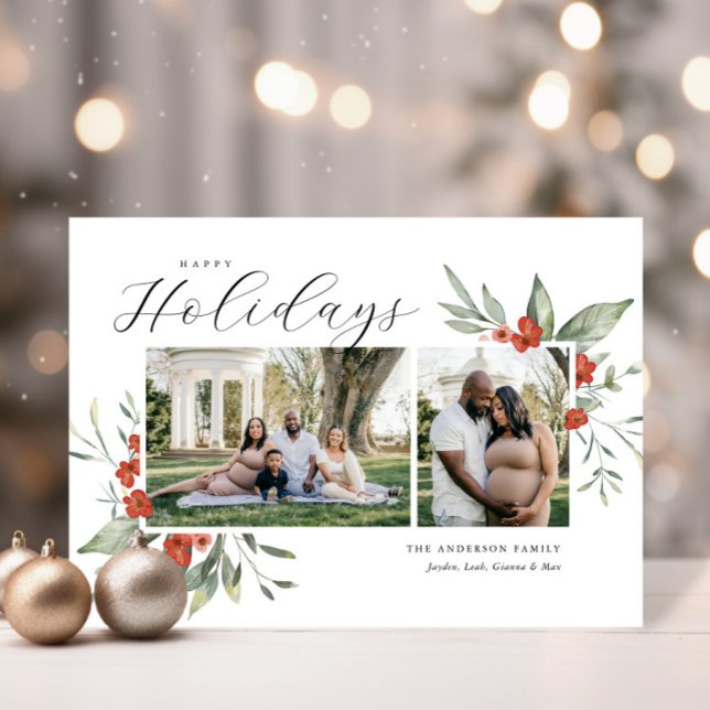 Cartes Pour Fêtes Annuelles Aquarelle délicate Floral Joyeux Vacances Photo (Créateur téléchargé)