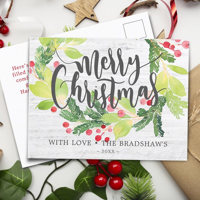 Cartes Pour Fêtes Annuelles Aquarelle d'hiver Berry Wreath (Farmhouse Watercolor Winter Berry Wreath Holiday Postcard)
