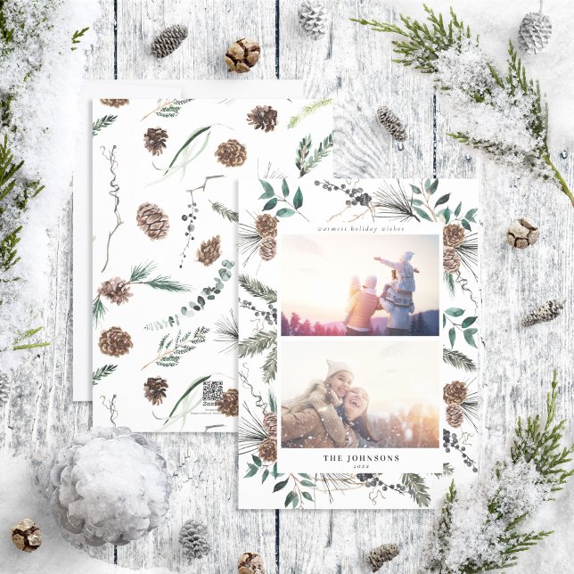Cartes Pour Fêtes Annuelles Aquarelle d'hiver Dusty Botanical 2 Photo Holiday (Créateur téléchargé)