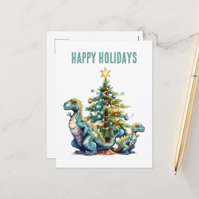 Cartes Pour Fêtes Annuelles Aquarelle dinosaure arbre de Noël (Devant/Arrière en situation)