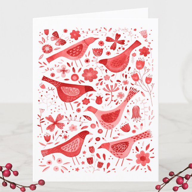 Cartes Pour Fêtes Annuelles Aquarelle d'oiseaux rouge (Watercolor birds and flowers red and white holiday card)