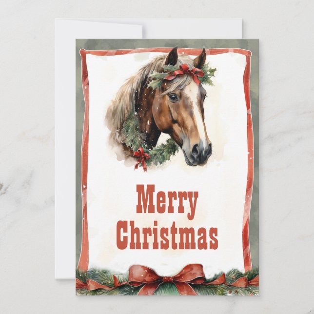Cartes Pour Fêtes Annuelles Aquarelle du Cheval de Noël (Devant)