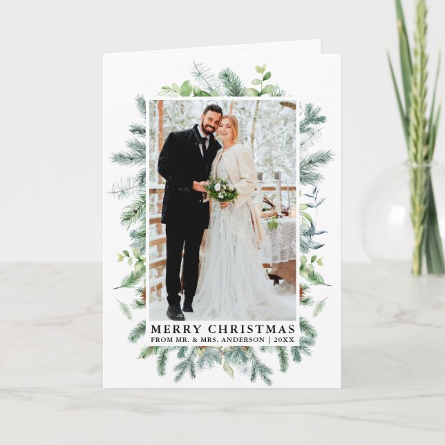 Cartes Pour Fêtes Annuelles Aquarelle Elegant Pine Frame Mariage photo Plier (Devant)
