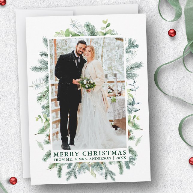 Cartes Pour Fêtes Annuelles Aquarelle Elegant Pine Frame Mariage Photo Vert (Customize to change text size or style.)