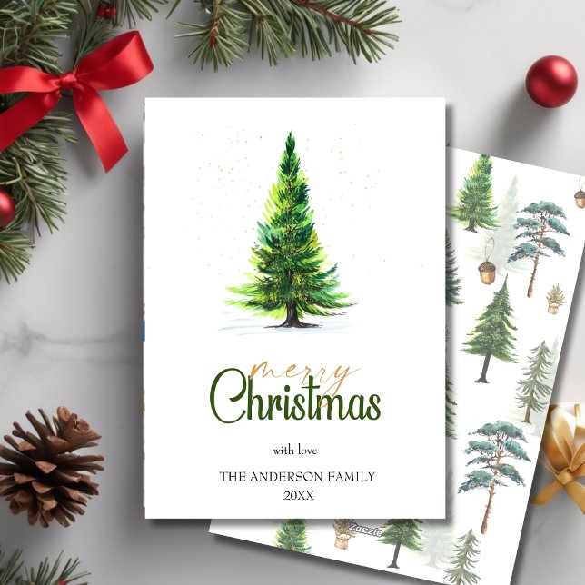 Cartes Pour Fêtes Annuelles Aquarelle Elégant Pine Tree Noël Salutation (Watercolor Elegant Pine Tree Christmas Greeting Holiday Card)