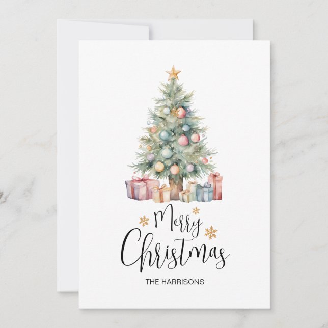 Cartes Pour Fêtes Annuelles Aquarelle élégante Arbre de Noël & Présents (Devant)