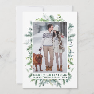 Cartes Pour Fêtes Annuelles Aquarelle Elégante Frame de pin Couple Photo Vert