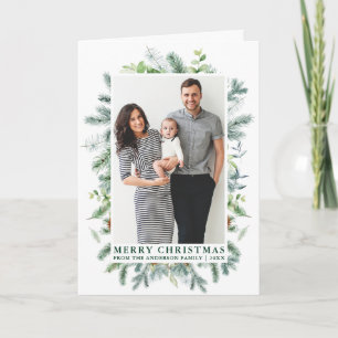Cartes Pour Fêtes Annuelles Aquarelle Elégante Frame de pin Famille Plier Vert