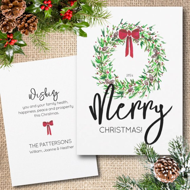 Cartes Pour Fêtes Annuelles Aquarelle élégante Joyeuse couronne de Noël sans p (Stylish Watercolor Merry Christmas Wreath No-Photo Holiday Card)