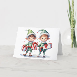 Cartes Pour Fêtes Annuelles Aquarelle Elfes de Noël avec cadeaux