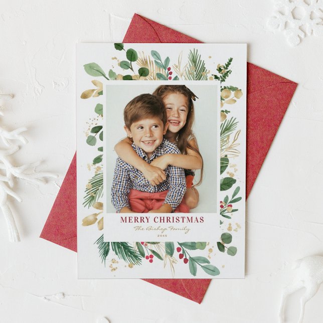 Cartes Pour Fêtes Annuelles Aquarelle et huile hiver verdure Photo Noël (Watercolor and Faux Gold Foil Winter Greenery Photo Merry Christmas Card)
