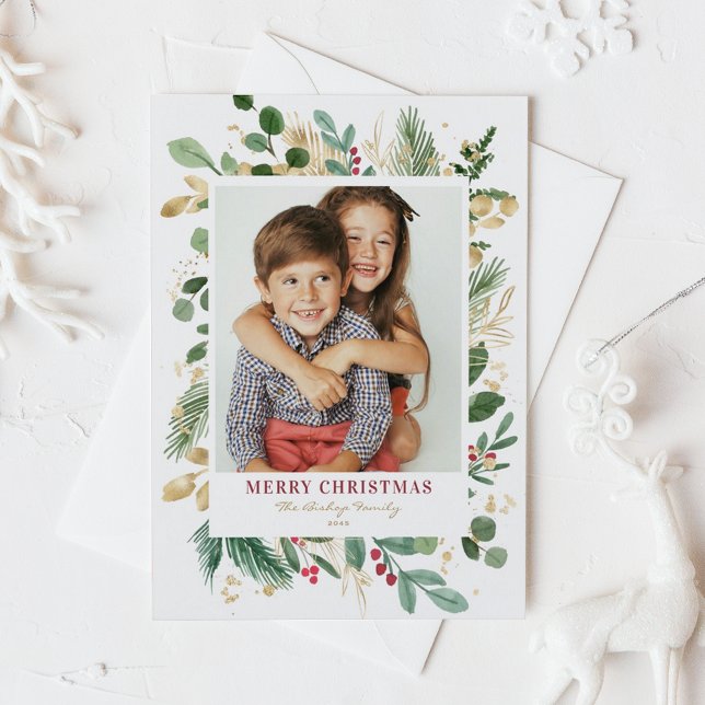 Cartes Pour Fêtes Annuelles Aquarelle Festif Gold Foil Joyeux Noël Photo (Watercolor and Faux Gold Foil Winter Greenery Photo Merry Christmas Postcard)