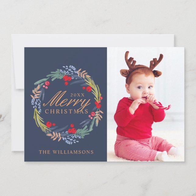 Cartes Pour Fêtes Annuelles Aquarelle Festive feuillage Wreath & Fox Photo (Devant)