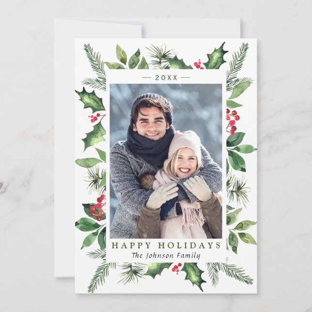 Cartes Pour Fêtes Annuelles Aquarelle Festive Holly Berry Photo de Noël (Devant)
