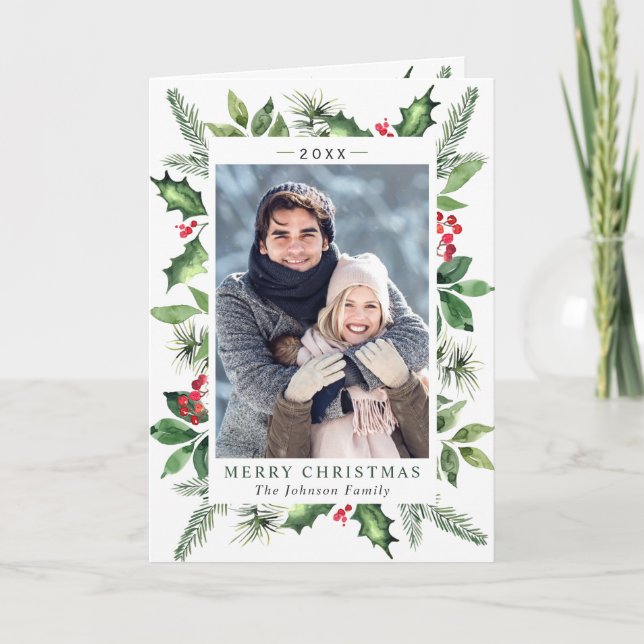 Cartes Pour Fêtes Annuelles Aquarelle Festive Holly Berry Photo de Noël (Devant)