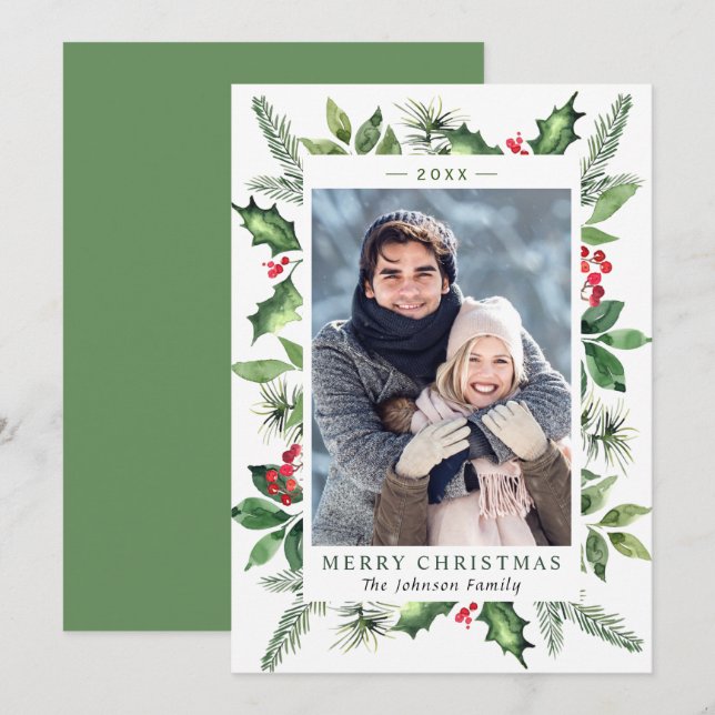 Cartes Pour Fêtes Annuelles Aquarelle Festive Holly Berry Photo de Noël (Devant / Derrière)