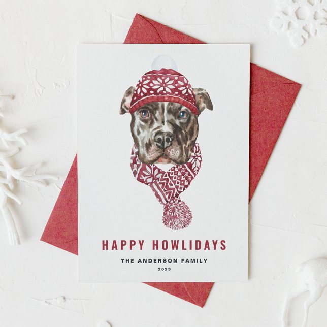 Cartes Pour Fêtes Annuelles Aquarelle Festive Pitbull Joyeux Howlidays (Créateur téléchargé)