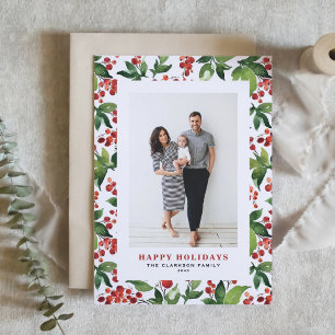 Cartes Pour Fêtes Annuelles Aquarelle Festive Verdure et Winterberry Photo