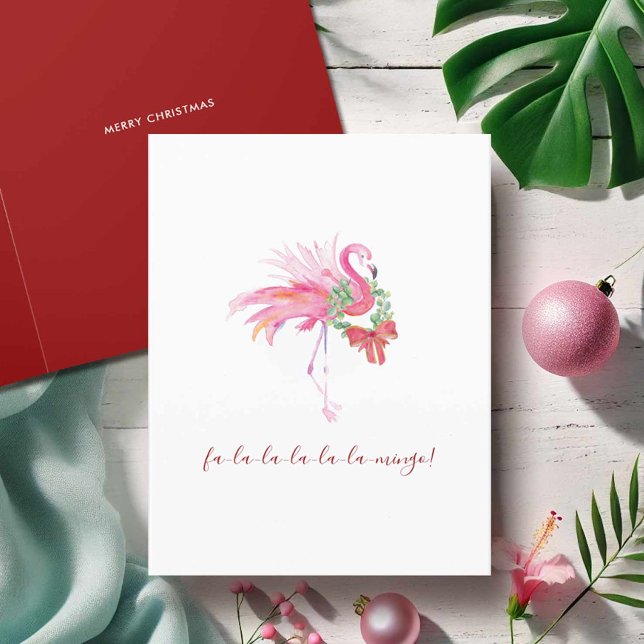Cartes Pour Fêtes Annuelles Aquarelle Flamant rose rose Floride Beach Noël (Florida Christmas cards tropical watercolor pink flamingo art by Victoria Grigaliunas DoTellABelle)