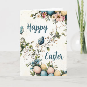 Cartes Pour Fêtes Annuelles Aquarelle Fleurs de printemps et oiseaux Pâques