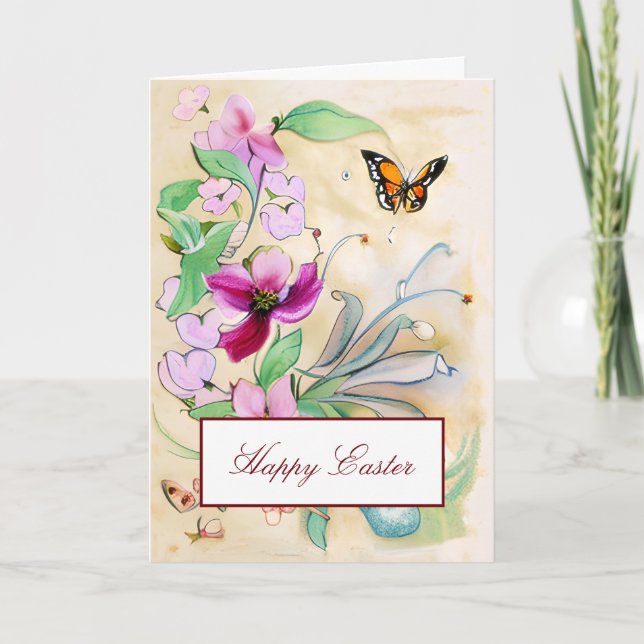 Cartes Pour Fêtes Annuelles Aquarelle fleurs violettes et papillon Pâques (Devant)