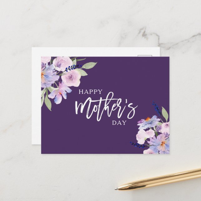 Cartes Pour Fêtes Annuelles aquarelle fleurs violettes joyeux jour de mère (Devant/Arrière en situation)