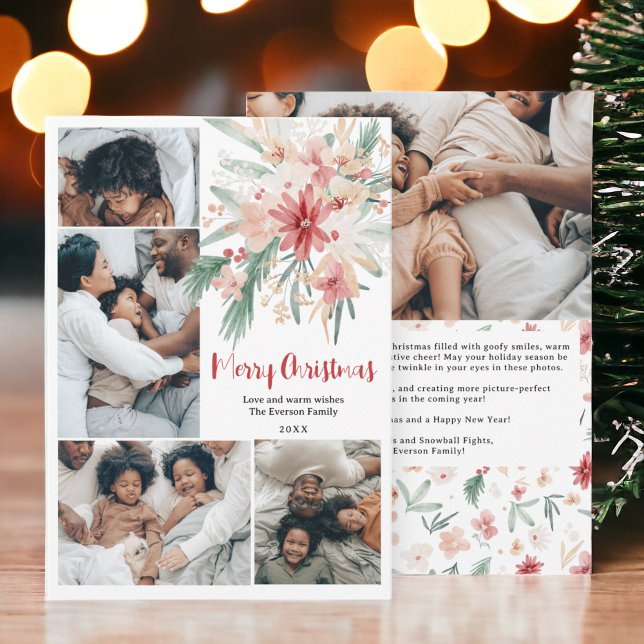 Cartes Pour Fêtes Annuelles Aquarelle Floral Christmas Collage à cinq photos (Watercolor Floral Christmas Five-Photo Collage Holiday Card)