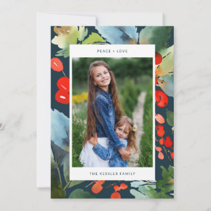 Cartes Pour Fêtes Annuelles Aquarelle Floral Noël Élégant Deux Photo Bleu