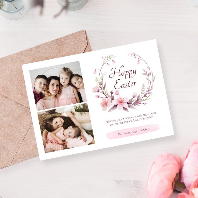 Cartes Pour Fêtes Annuelles Aquarelle Floral Photo personnalisée Pink Pâques (Créateur téléchargé)