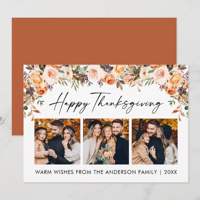 Cartes Pour Fêtes Annuelles Aquarelle Florale Calligraphie Thanksgiving 3 Phot (Devant / Derrière)