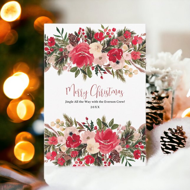 Cartes Pour Fêtes Annuelles Aquarelle florale de Noël rustique (Rustic merry Christmas floral watercolor Holiday Card)