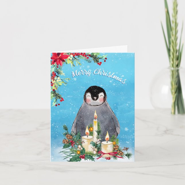 Cartes Pour Fêtes Annuelles Aquarelle florale de pingouin Joyeux Noël (Devant)
