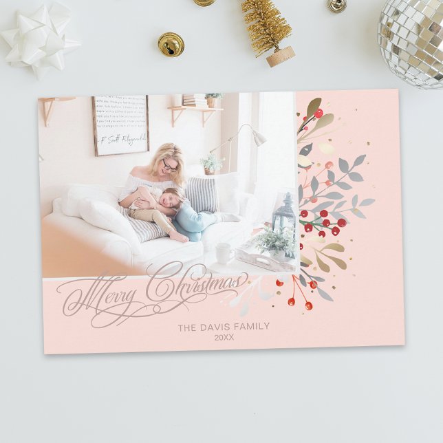Cartes Pour Fêtes Annuelles Aquarelle Florale hivernale sur photo rose pâle (Créateur téléchargé)
