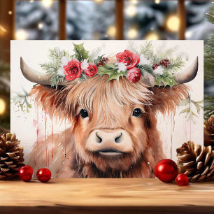 Cartes Pour Fêtes Annuelles Aquarelle florale mignonne Bébé Highland Vache Noë