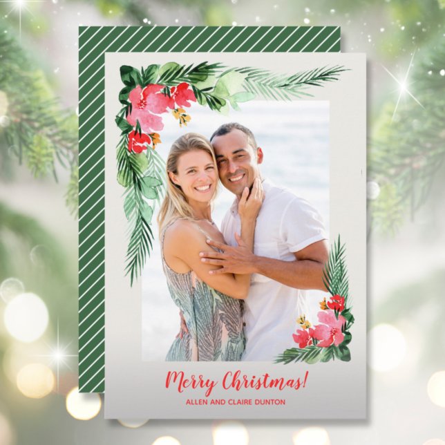 Cartes Pour Fêtes Annuelles Aquarelle florale tropicale photo de Noël (Créateur téléchargé)